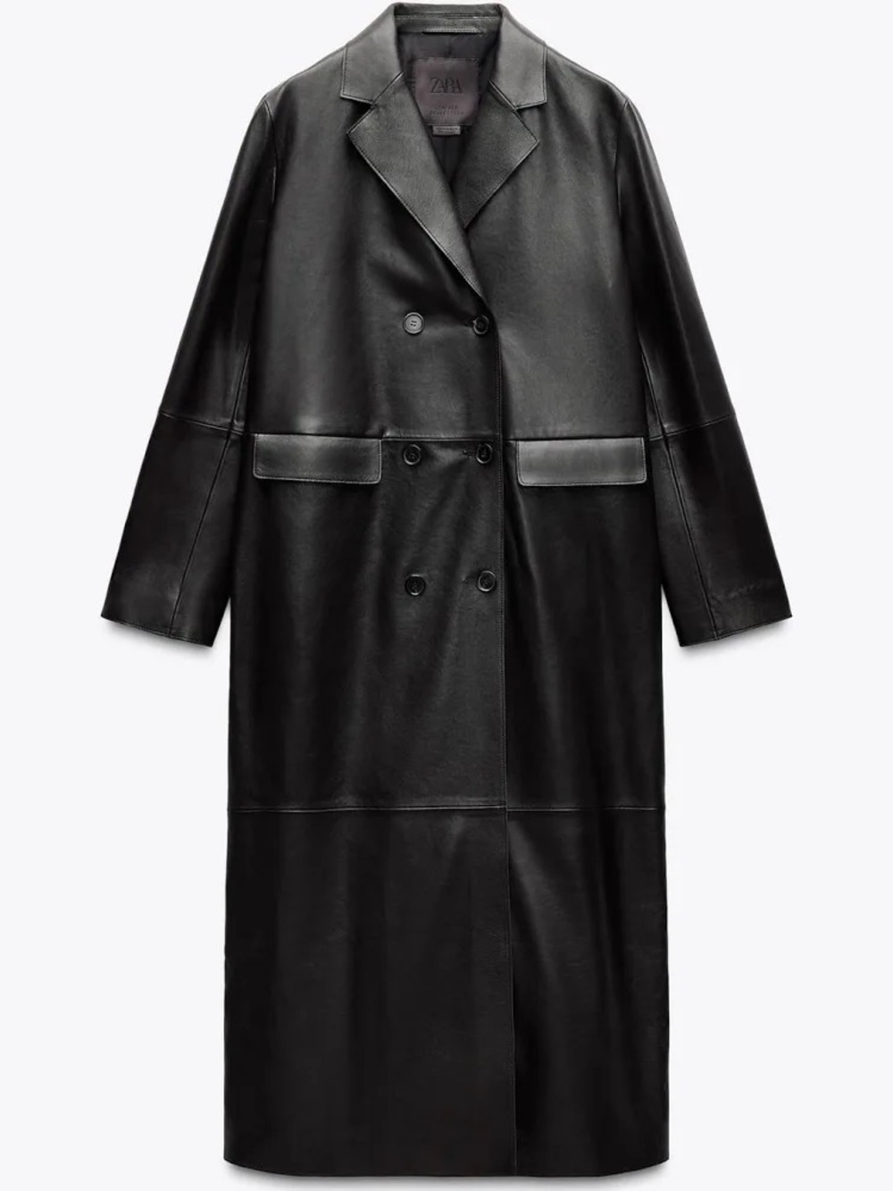 Zara Black Double-Breasted Long Leather Trench Coat